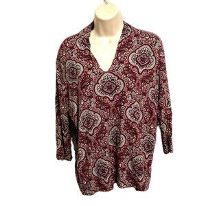 TALBOTS Mediterranean Burgundy Gray White Geometric V Neck 3/4  Sleeve Blouse 1X